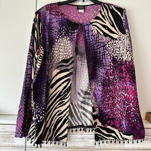 💜 MSK Beaded Jacket 2X Sheer Overlay Purple Pink Animal Print